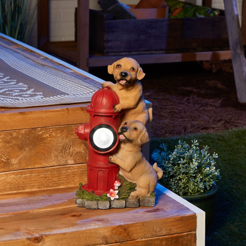 DOGS AND FIRE HYDRANT SOLAR STATUE